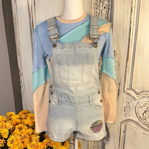 Curated Two Piece Y2K Bundle Striped Denim Overalls with Colorblock Top - Picture 1 of 9